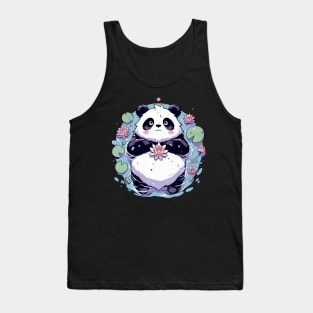 Cute Anime Panda Bear Bath With Water Lily Tank Top